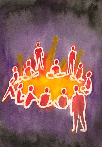 painting of a circle of friends around a campfire